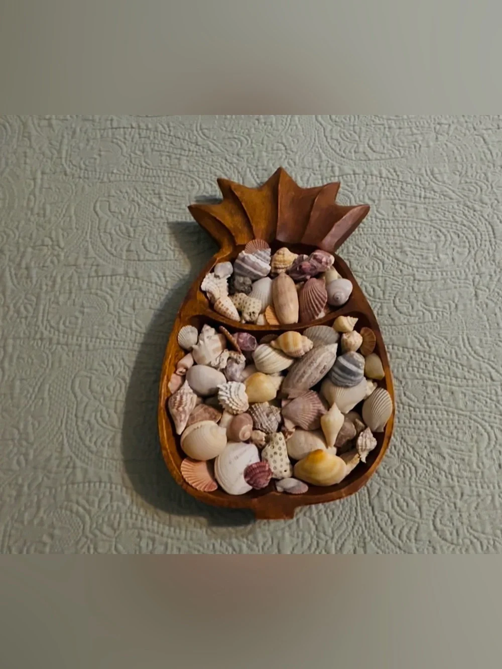 Hand carved wood pineapple tray, with local FL shells.